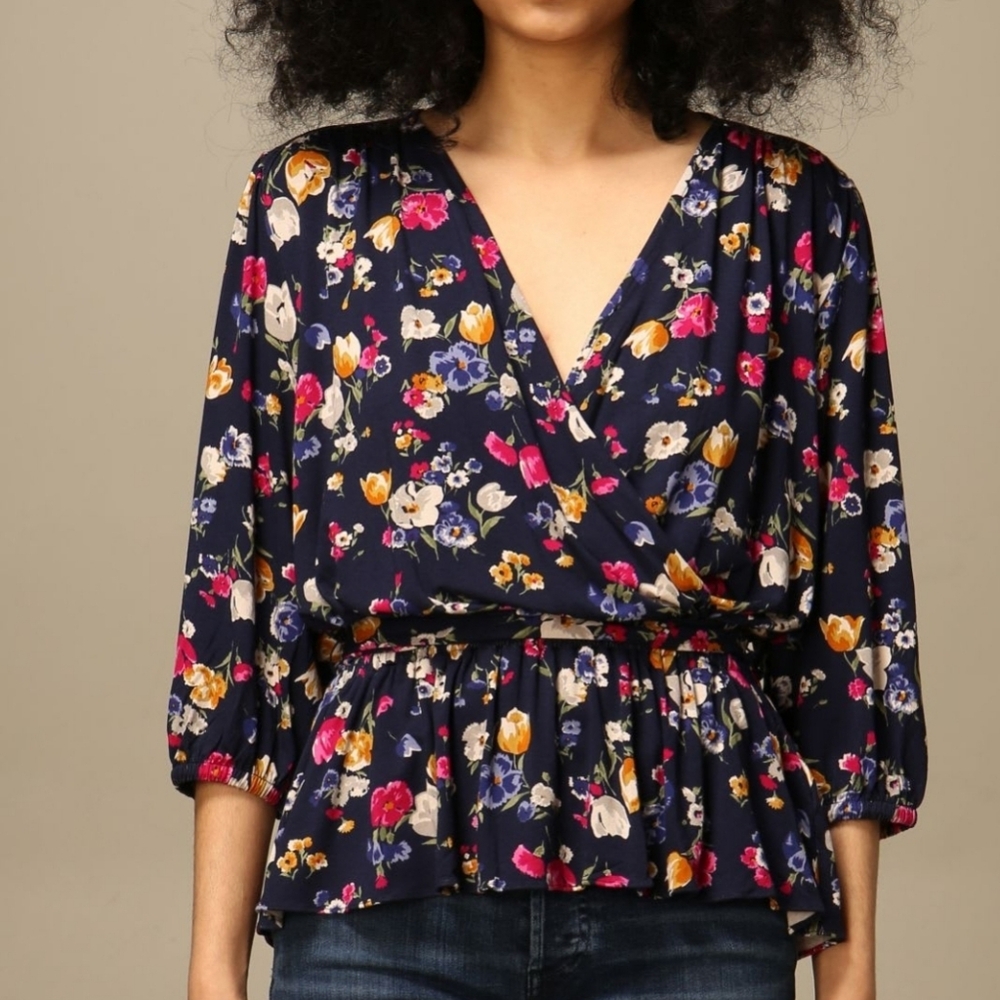 LAUREN Ralph Lauren Black Label Floral Ruffle Blouse - Size L